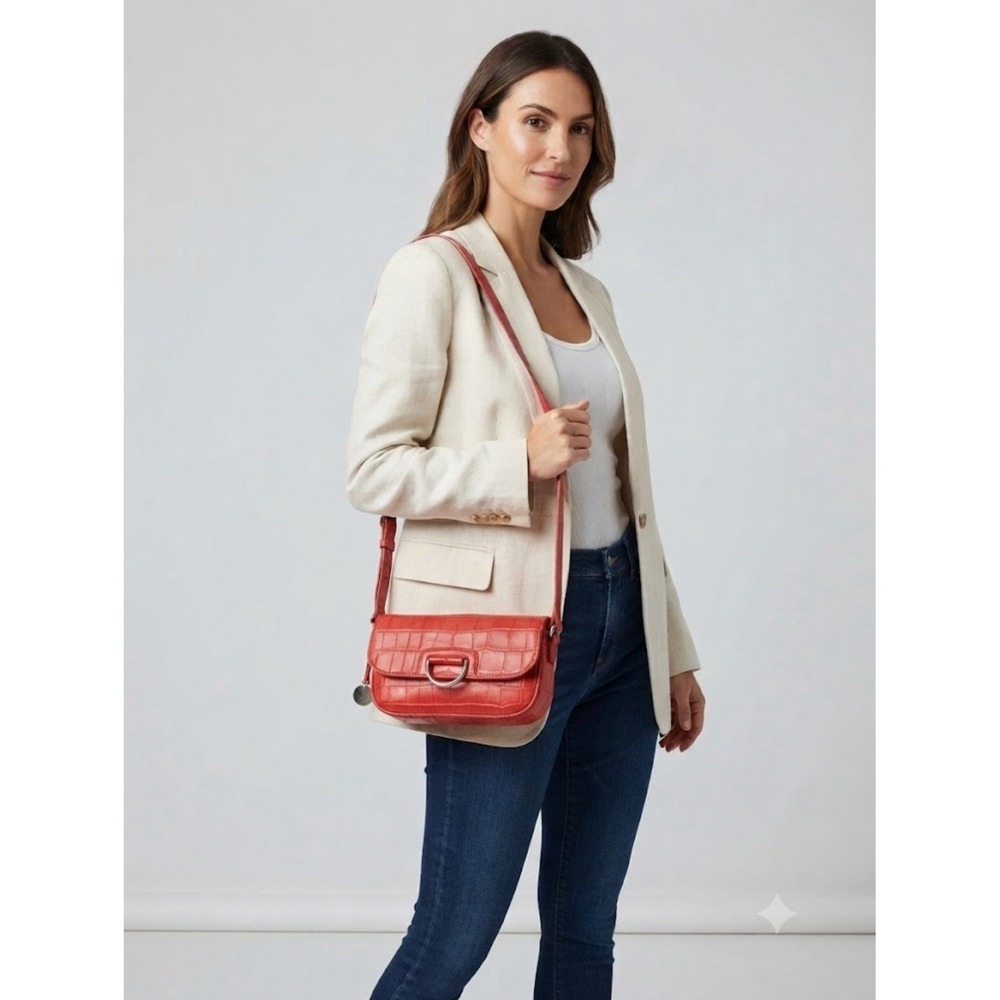 Stunning Red Croc-Embossed Leather Shoulder Bag - Silver Hardware